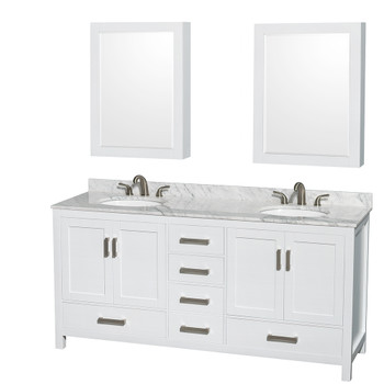 Sheffield 72 Inch Double Bathroom Vanity In White, White Carrara Marble Countertop, Undermount Oval Sinks, And Medicine Cabinets