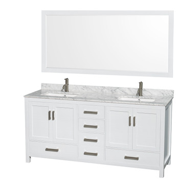 Sheffield 72 Inch Double Bathroom Vanity In White, White Carrara Marble Countertop, Undermount Square Sinks, And 70 Inch Mirror