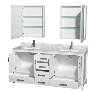Sheffield 72 Inch Double Bathroom Vanity In White, White Carrara Marble Countertop, Undermount Square Sinks, And Medicine Cabinets