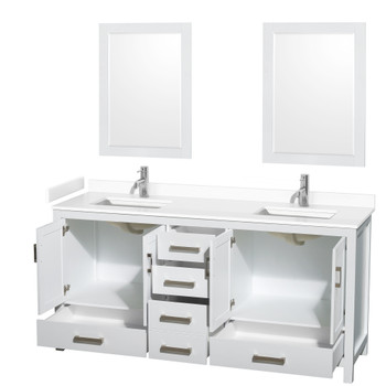 Sheffield 72 Inch Double Bathroom Vanity In White, White Cultured Marble Countertop, Undermount Square Sinks, 24 Inch Mirrors