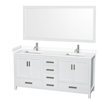 Sheffield 72 Inch Double Bathroom Vanity In White, White Cultured Marble Countertop, Undermount Square Sinks, 70 Inch Mirror