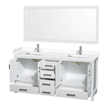 Sheffield 72 Inch Double Bathroom Vanity In White, White Cultured Marble Countertop, Undermount Square Sinks, 70 Inch Mirror