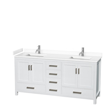 Sheffield 72 Inch Double Bathroom Vanity In White, White Cultured Marble Countertop, Undermount Square Sinks, No Mirror