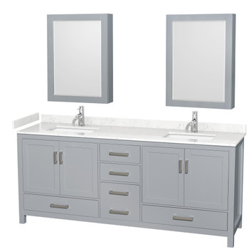 Sheffield 80 Inch Double Bathroom Vanity In Gray, Carrara Cultured Marble Countertop, Undermount Square Sinks, Medicine Cabinets