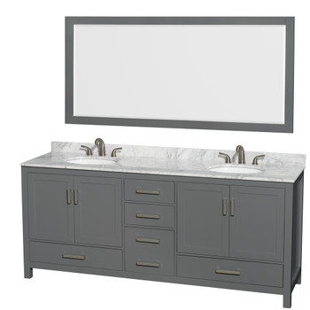Sheffield 80 Inch Double Bathroom Vanity In Dark Gray, White Carrara Marble Countertop, Undermount Oval Sinks, And 70 Inch Mirror