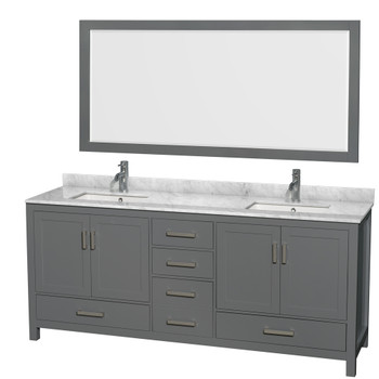 Sheffield 80 Inch Double Bathroom Vanity In Dark Gray, White Carrara Marble Countertop, Undermount Square Sinks, And 70 Inch Mirror