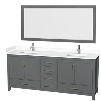 Sheffield 80 Inch Double Bathroom Vanity In Dark Gray, White Cultured Marble Countertop, Undermount Square Sinks, 70 Inch Mirror