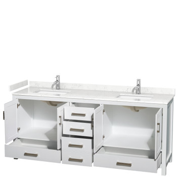 Sheffield 80 Inch Double Bathroom Vanity In White, Carrara Cultured Marble Countertop, Undermount Square Sinks, No Mirror
