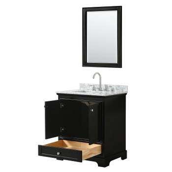 Deborah 30 Inch Single Bathroom Vanity In Dark Espresso, White Carrara Marble Countertop, Undermount Square Sink, And 24 Inch Mirror