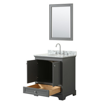 Deborah 30 Inch Single Bathroom Vanity In Dark Gray, White Carrara Marble Countertop, Undermount Oval Sink, And 24 Inch Mirror