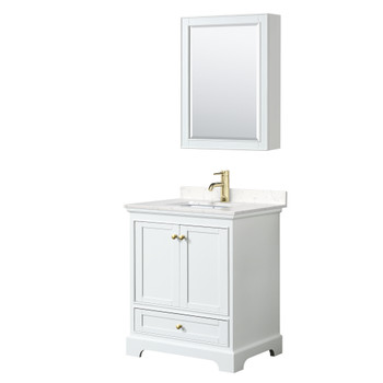 Deborah 30 Inch Single Bathroom Vanity In White, Carrara Cultured Marble Countertop, Undermount Square Sink, Brushed Gold Trim, Medicine Cabinet