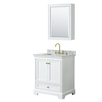 Deborah 30 Inch Single Bathroom Vanity In White, White Carrara Marble Countertop, Undermount Square Sink, Brushed Gold Trim, Medicine Cabinet