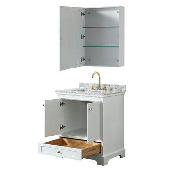 Deborah 30 Inch Single Bathroom Vanity In White, White Carrara Marble Countertop, Undermount Square Sink, Brushed Gold Trim, Medicine Cabinet