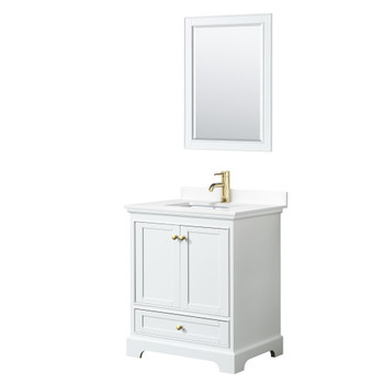 Deborah 30 Inch Single Bathroom Vanity In White, White Cultured Marble Countertop, Undermount Square Sink, Brushed Gold Trim, 24 Inch Mirror