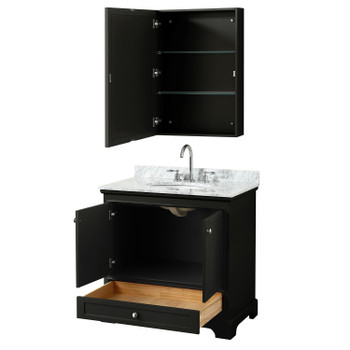Deborah 36 Inch Single Bathroom Vanity In Dark Espresso, White Carrara Marble Countertop, Undermount Oval Sink, And Medicine Cabinet