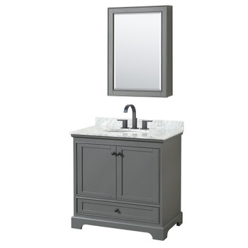 Deborah 36 Inch Single Bathroom Vanity In Dark Gray, White Carrara Marble Countertop, Undermount Oval Sink, Matte Black Trim, Medicine Cabinet