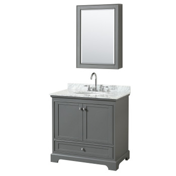 Deborah 36 Inch Single Bathroom Vanity In Dark Gray, White Carrara Marble Countertop, Undermount Oval Sink, And Medicine Cabinet