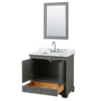 Deborah 36 Inch Single Bathroom Vanity In Dark Gray, White Carrara Marble Countertop, Undermount Square Sink, And 24 Inch Mirror