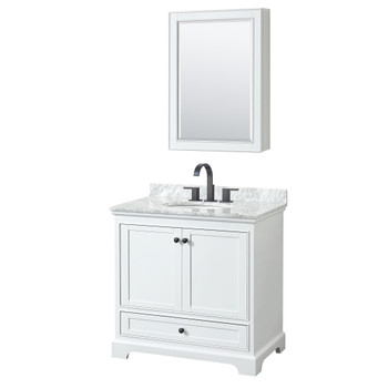 Deborah 36 Inch Single Bathroom Vanity In White, White Carrara Marble Countertop, Undermount Square Sink, Matte Black Trim, Medicine Cabinet