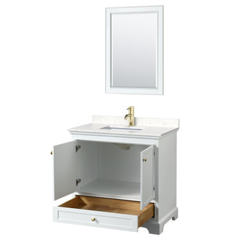 Deborah 36 Inch Single Bathroom Vanity In White, Carrara Cultured Marble Countertop, Undermount Square Sink, Brushed Gold Trim, 24 Inch Mirror