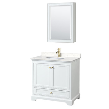 Deborah 36 Inch Single Bathroom Vanity In White, Carrara Cultured Marble Countertop, Undermount Square Sink, Brushed Gold Trim, Medicine Cabinet