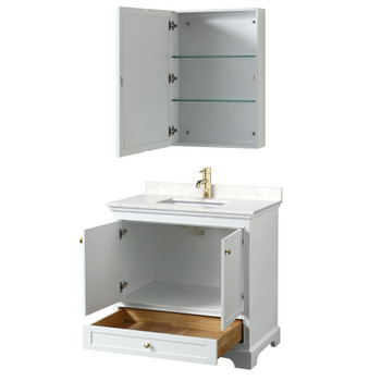 Deborah 36 Inch Single Bathroom Vanity In White, Carrara Cultured Marble Countertop, Undermount Square Sink, Brushed Gold Trim, Medicine Cabinet