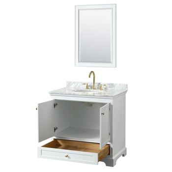 Deborah 36 Inch Single Bathroom Vanity In White, White Carrara Marble Countertop, Undermount Oval Sink, Brushed Gold Trim, 24 Inch Mirror