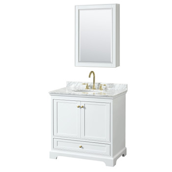 Deborah 36 Inch Single Bathroom Vanity In White, White Carrara Marble Countertop, Undermount Oval Sink, Brushed Gold Trim, Medicine Cabinet