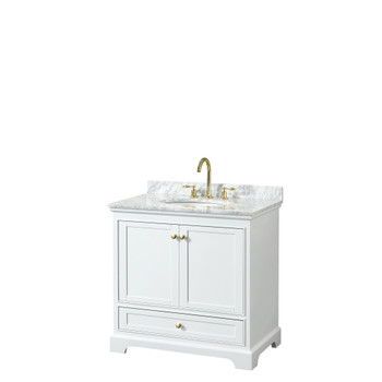 Deborah 36 Inch Single Bathroom Vanity In White, White Carrara Marble Countertop, Undermount Oval Sink, Brushed Gold Trim, No Mirror