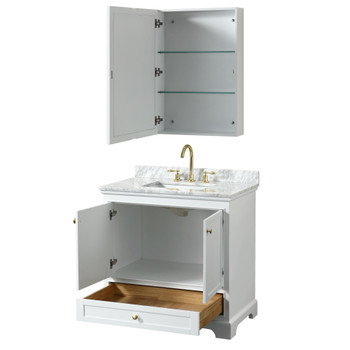 Deborah 36 Inch Single Bathroom Vanity In White, White Carrara Marble Countertop, Undermount Square Sink, Brushed Gold Trim, Medicine Cabinet