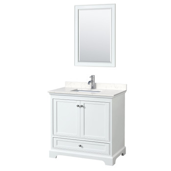 Deborah 36 Inch Single Bathroom Vanity In White, Carrara Cultured Marble Countertop, Undermount Square Sink, 24 Inch Mirror