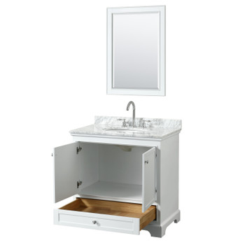Deborah 36 Inch Single Bathroom Vanity In White, White Carrara Marble Countertop, Undermount Oval Sink, And 24 Inch Mirror