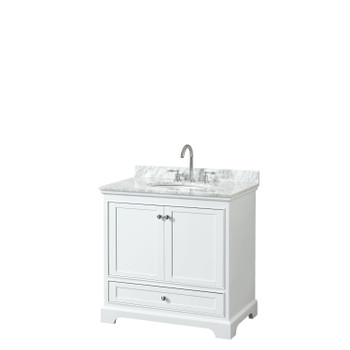 Deborah 36 Inch Single Bathroom Vanity In White, White Carrara Marble Countertop, Undermount Oval Sink, And No Mirror