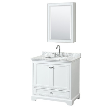Deborah 36 Inch Single Bathroom Vanity In White, White Carrara Marble Countertop, Undermount Square Sink, And Medicine Cabinet