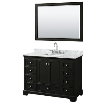 Deborah 48 Inch Single Bathroom Vanity In Dark Espresso, White Carrara Marble Countertop, Undermount Square Sink, And 46 Inch Mirror