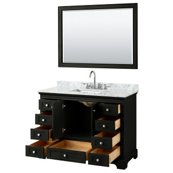 Deborah 48 Inch Single Bathroom Vanity In Dark Espresso, White Carrara Marble Countertop, Undermount Square Sink, And 46 Inch Mirror