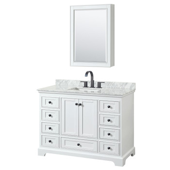 Deborah 48 Inch Single Bathroom Vanity In White, White Carrara Marble Countertop, Undermount Square Sink, Matte Black Trim, Medicine Cabinet