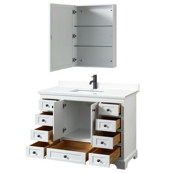 Deborah 48 Inch Single Bathroom Vanity In White, White Cultured Marble Countertop, Undermount Square Sink, Matte Black Trim, Medicine Cabinet