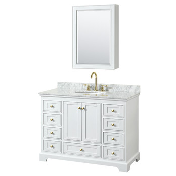 Deborah 48 Inch Single Bathroom Vanity In White, White Carrara Marble Countertop, Undermount Oval Sink, Brushed Gold Trim, Medicine Cabinet
