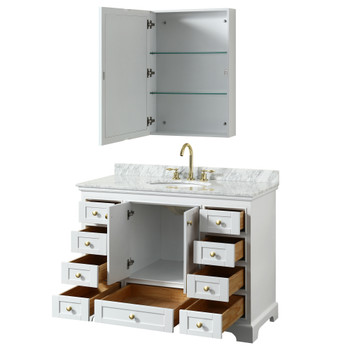 Deborah 48 Inch Single Bathroom Vanity In White, White Carrara Marble Countertop, Undermount Oval Sink, Brushed Gold Trim, Medicine Cabinet