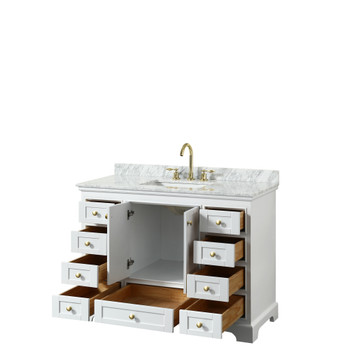 Deborah 48 Inch Single Bathroom Vanity In White, White Carrara Marble Countertop, Undermount Square Sink, Brushed Gold Trim, No Mirror