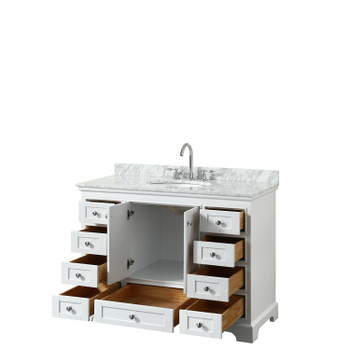 Deborah 48 Inch Single Bathroom Vanity In White, White Carrara Marble Countertop, Undermount Oval Sink, And No Mirror
