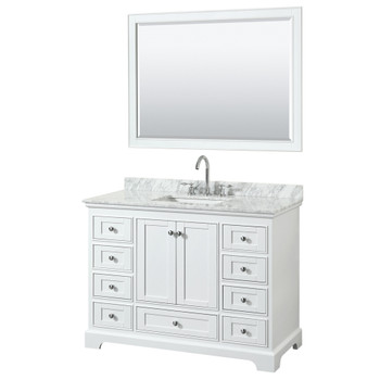 Deborah 48 Inch Single Bathroom Vanity In White, White Carrara Marble Countertop, Undermount Square Sink, And 46 Inch Mirror