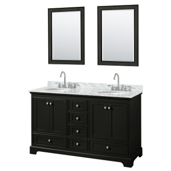 Deborah 60 Inch Double Bathroom Vanity In Dark Espresso, White Carrara Marble Countertop, Undermount Oval Sinks, And 24 Inch Mirrors