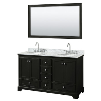 Deborah 60 Inch Double Bathroom Vanity In Dark Espresso, White Carrara Marble Countertop, Undermount Oval Sinks, And 58 Inch Mirror