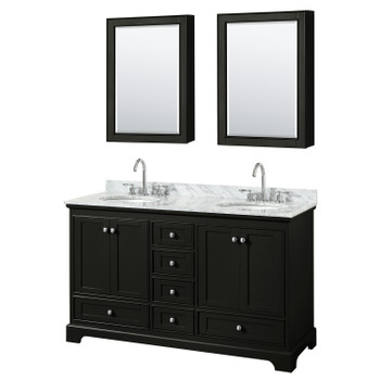 Deborah 60 Inch Double Bathroom Vanity In Dark Espresso, White Carrara Marble Countertop, Undermount Oval Sinks, And Medicine Cabinets