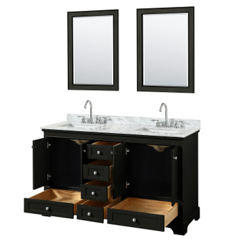 Deborah 60 Inch Double Bathroom Vanity In Dark Espresso, White Carrara Marble Countertop, Undermount Square Sinks, And 24 Inch Mirrors