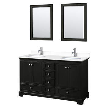 Deborah 60 Inch Double Bathroom Vanity In Dark Espresso, White Cultured Marble Countertop, Undermount Square Sinks, 24 Inch Mirrors