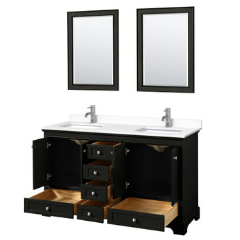 Deborah 60 Inch Double Bathroom Vanity In Dark Espresso, White Cultured Marble Countertop, Undermount Square Sinks, 24 Inch Mirrors