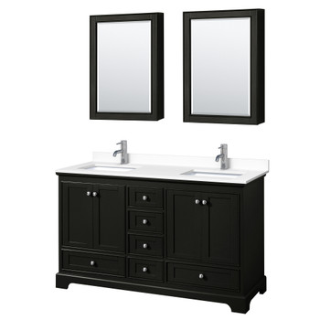 Deborah 60 Inch Double Bathroom Vanity In Dark Espresso, White Cultured Marble Countertop, Undermount Square Sinks, Medicine Cabinets